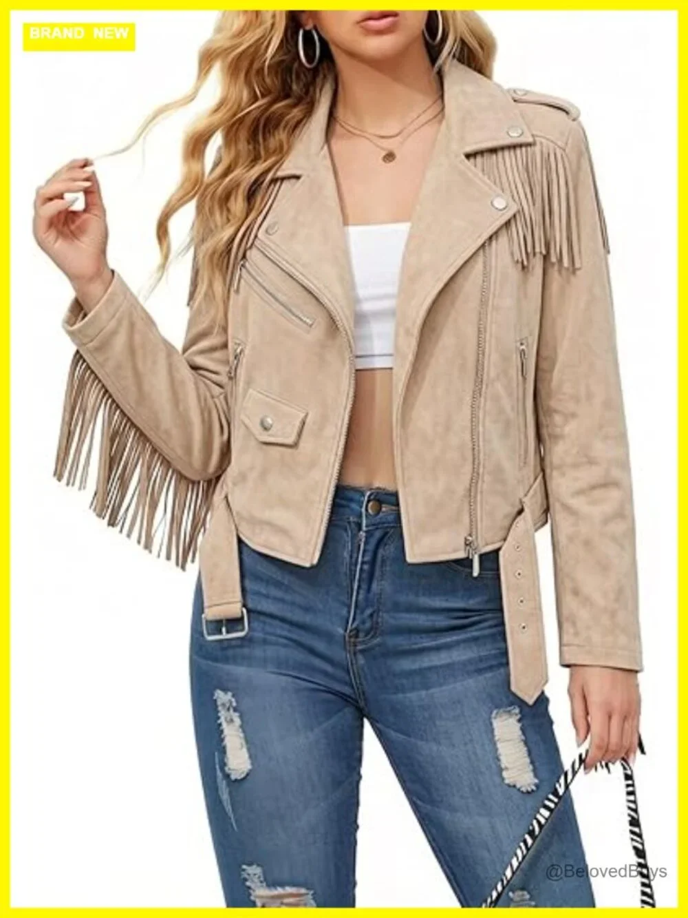 Faux Leather Moto Jacket with Tassel Trim, Belted, Zipper Closure - Picture 1 of 7